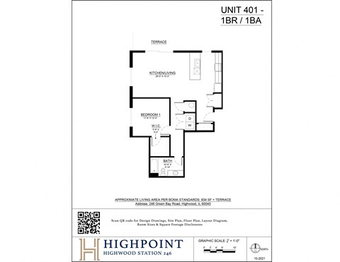 Floor plan for 1 bed, 1 bath, 860 sqft